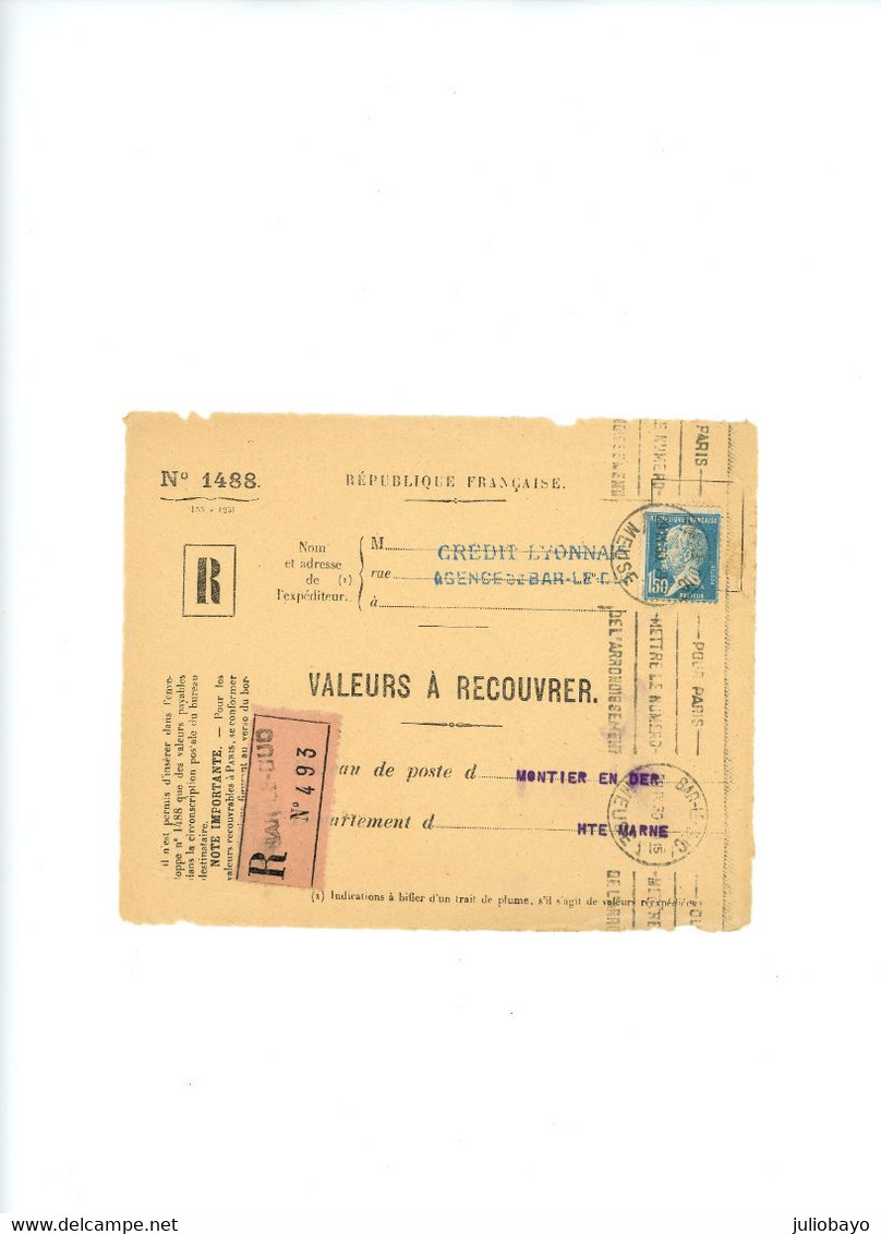 1930 Perfin CL ,YT N°181 Sur Devant De Valeur à Recouvrer De Bar Le Duc  Pour Montier En Der - 1921-1960: Modern Period