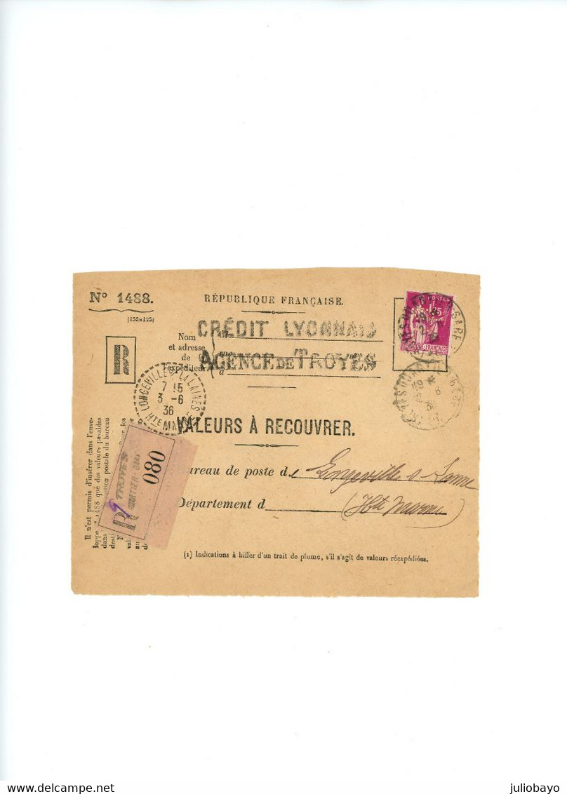 3 Juin 1936 Perfin CL ,YT N°289 Sur Devant De Valeur à Recouvrer De Troyes Pour Longeville Sur Laines - 1921-1960: Moderne