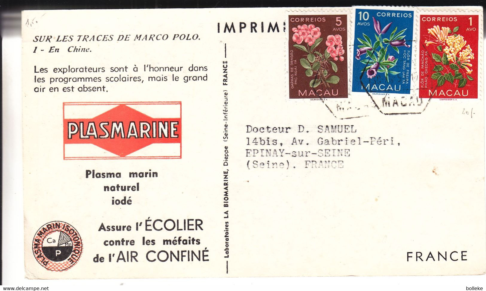 Portugal - Macao - Carte Postale De 1953 ? - Oblit Macau - Fleurs - Briefe U. Dokumente