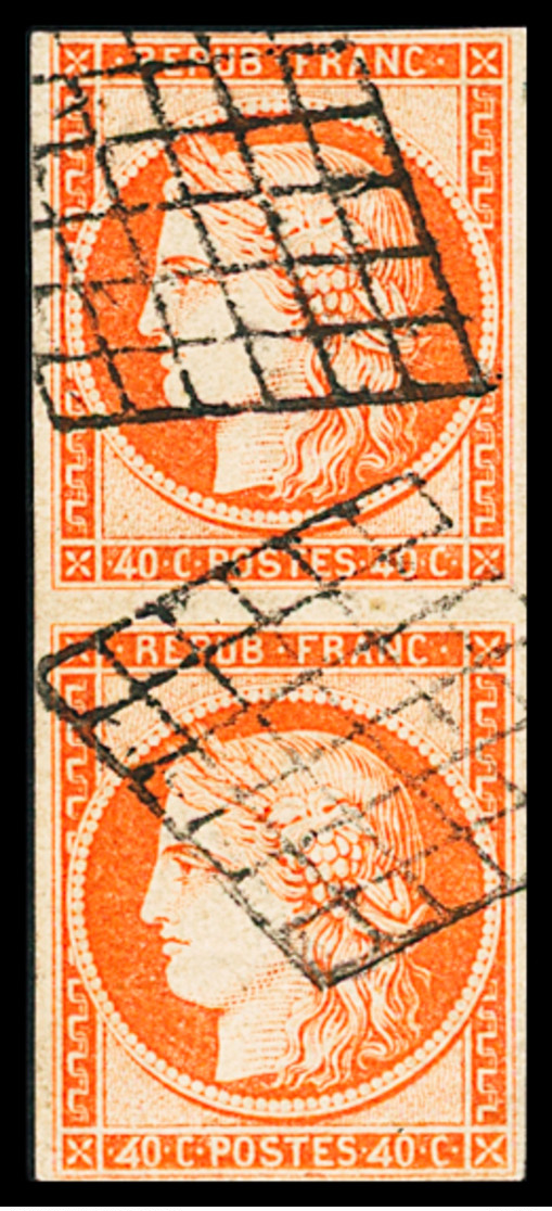 N° 5e 40c Orange Avec Variété 4 Retouché En Paire Avec Normal, TB, RR. Signé JF.Brun - 1849-1850 Cérès