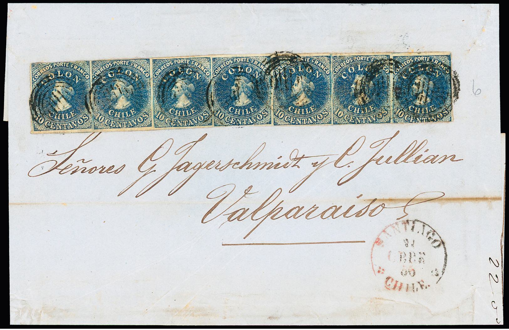 1856 Columbus 10c Blue, Santiago Print, Strip Of Seven Tied By Target Cancel On Folded Cover From Santiago (1856) To Val - Cile