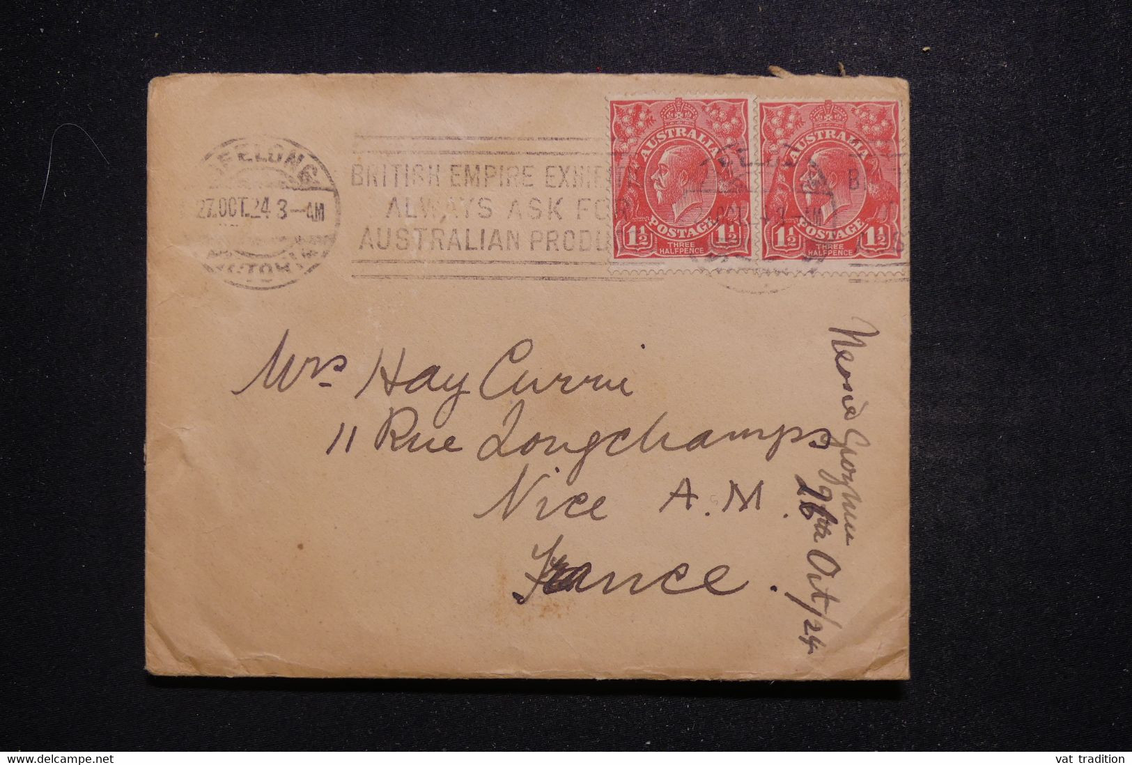 AUSTRALIE - Enveloppe Pour La France En 1924, Oblitération Mécanique Sur Exposition British Empire  - L 97427 - Postmark Collection