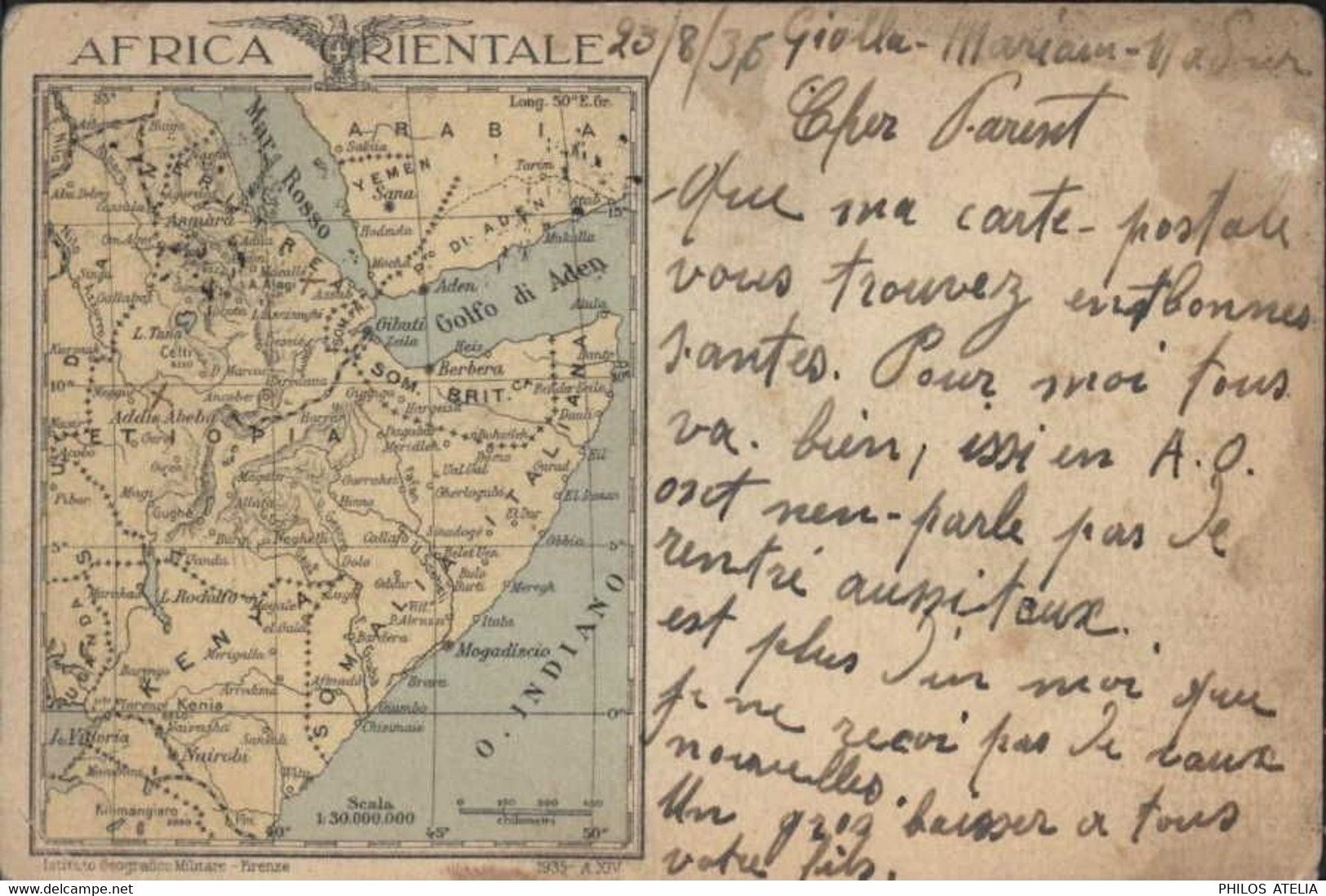 CP Forze Armate Posta Militare 25 8 35 84 Divison Assietta Africa Orientale Dos Plan Occupation Italienne Des Somalies - Africa Oriental