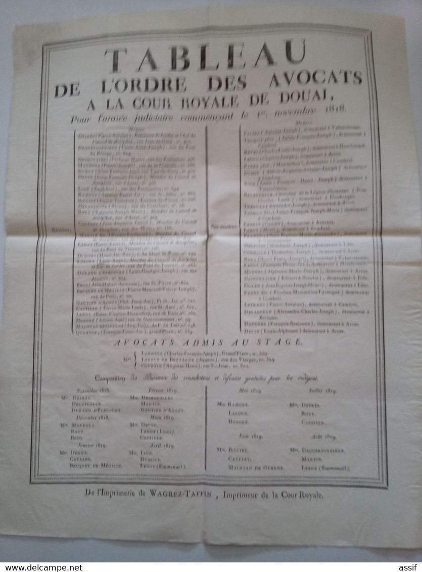 5 " Tableau De L'ordre  Des Avocats à La Cour Royale De Douai "  1817 - 1818 - 1819 - 1820 - 1821  Imp. Wagrez-Taffin - Posters