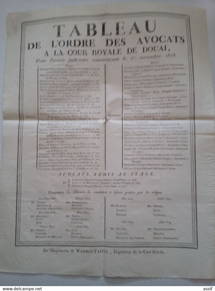 5 " Tableau De L'ordre  Des Avocats à La Cour Royale De Douai "  1817 - 1818 - 1819 - 1820 - 1821  Imp. Wagrez-Taffin - Afiches