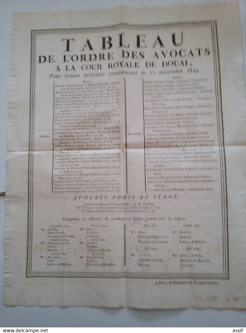 5 " Tableau De L'ordre  Des Avocats à La Cour Royale De Douai "  1817 - 1818 - 1819 - 1820 - 1821  Imp. Wagrez-Taffin - Affiches