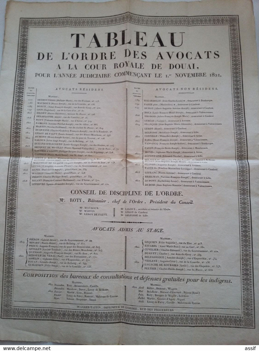 5 " Tableau De L'ordre  Des Avocats à La Cour Royale De Douai "  1817 - 1818 - 1819 - 1820 - 1821  Imp. Wagrez-Taffin - Plakate