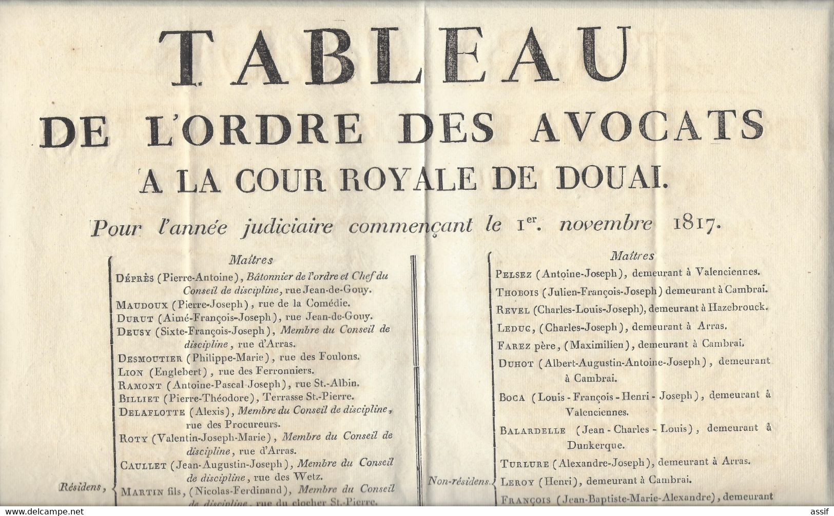 5 " Tableau De L'ordre  Des Avocats à La Cour Royale De Douai "  1817 - 1818 - 1819 - 1820 - 1821  Imp. Wagrez-Taffin - Posters