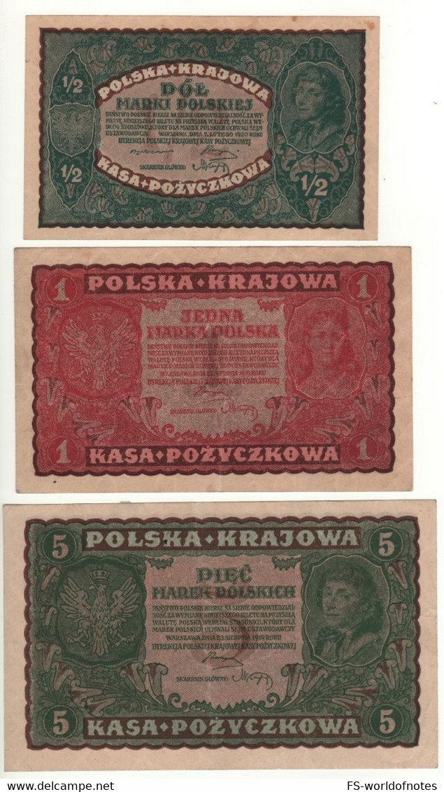 POLAND   Set 3 Notes   1/2 - 1- 5  Marek Polski  P23-P24- P30   Dated  1919-1920 - Polonia