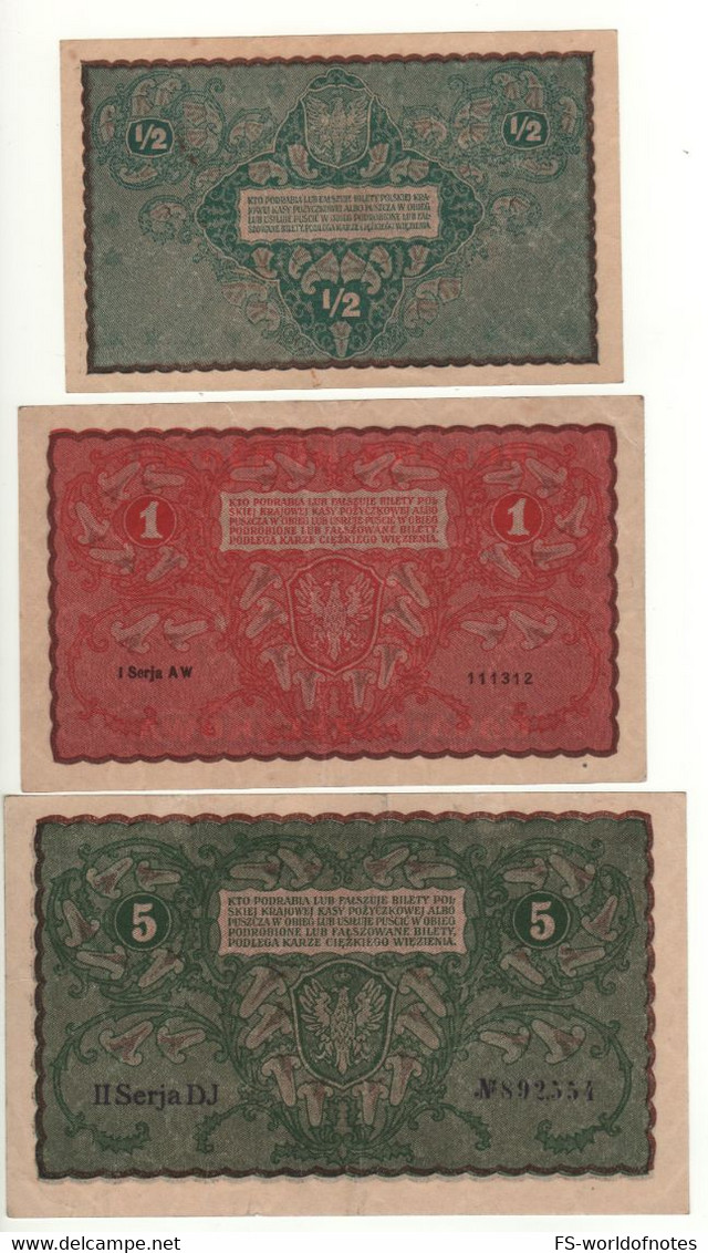 POLAND   Set 3 Notes   1/2 - 1- 5  Marek Polski  P23-P24- P30   Dated  1919-1920 - Polonia