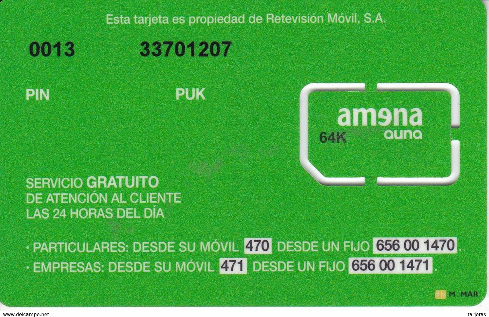 TARJETA GSM - SIM DE AMENA - AUNA DE  PORTABILIDAD (NUEVA-MINT) MUY RARA - Amena - Retevision