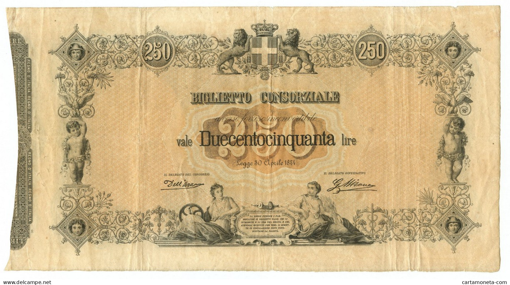 250 LIRE BIGLIETTO CONSORZIALE REGNO D'ITALIA 30/04/1874 BB - Biglietto Consorziale