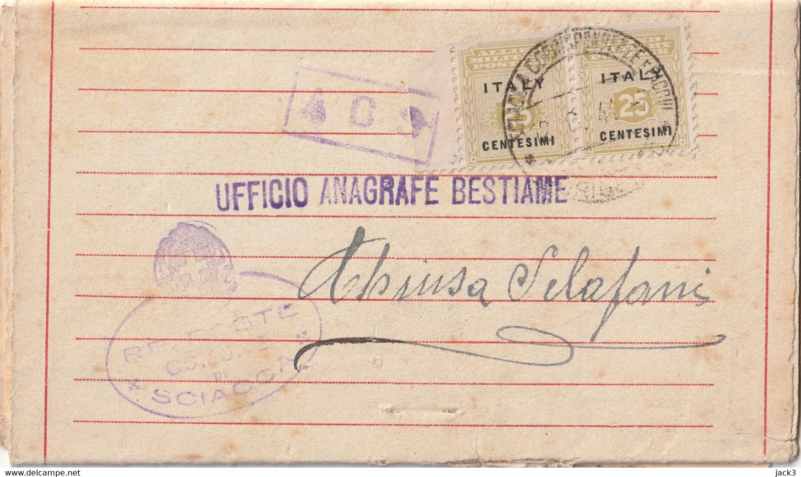 Piego - Aff. Coppia 25cent AMGOT Su Documento - Ufficio Anagrafe Bestiame - Occ. Anglo-américaine: Sicile