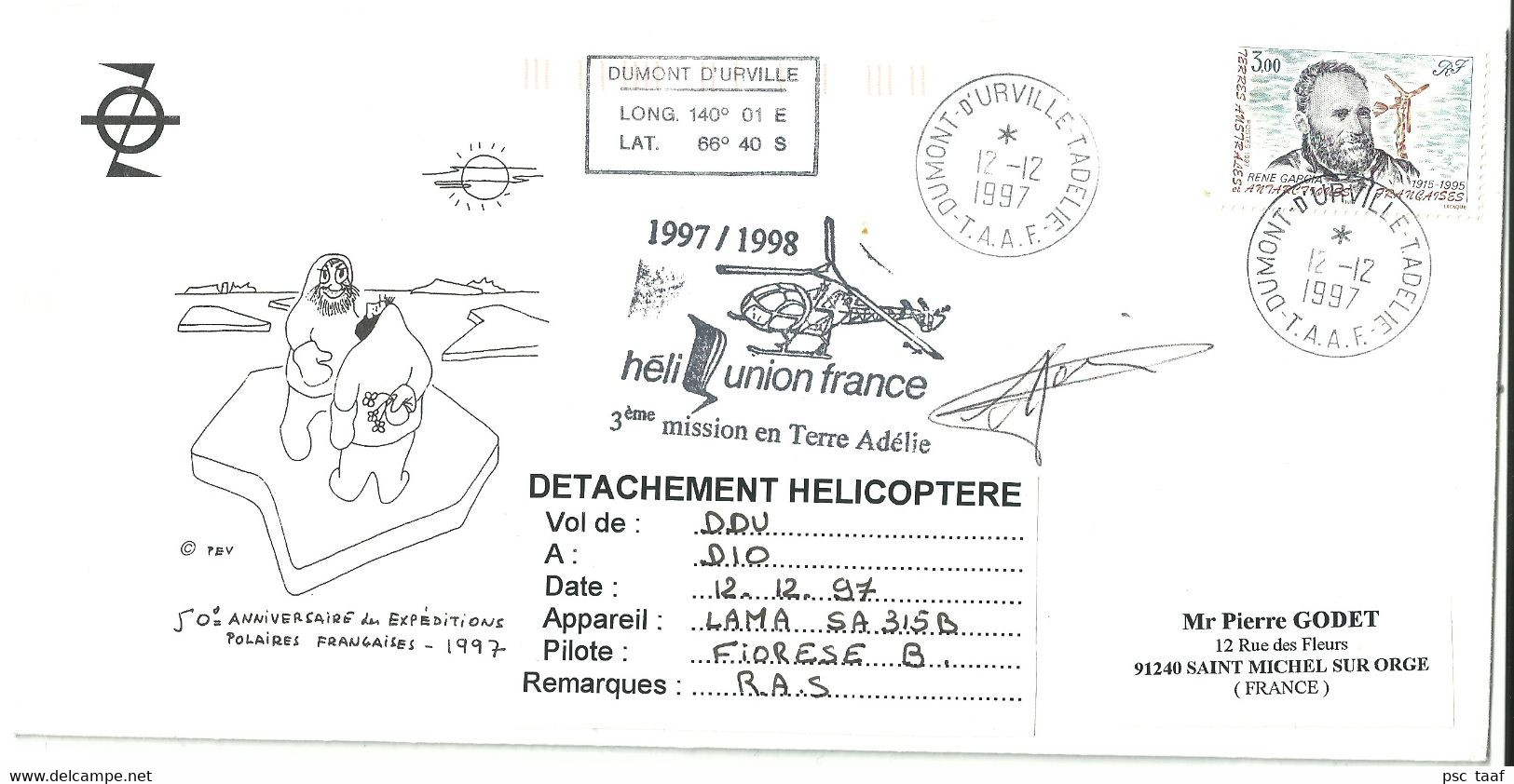 YT 216 René Garcia - Transport Par Hélicoptère - Dumont D'Urville - Terre Adélie - 12/12/1997 - Lettres & Documents