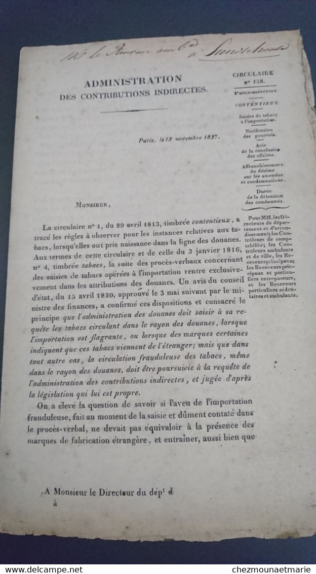 1837 PARIS - CIRCULAIRE ADMINISTRATION CONTRIBUTIONS INDIRECTES PAR A. BOURSY - Historische Dokumente