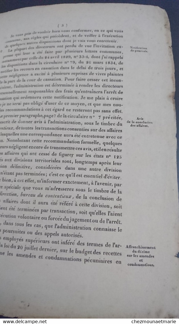 1837 PARIS - CIRCULAIRE ADMINISTRATION CONTRIBUTIONS INDIRECTES PAR A. BOURSY - Historische Dokumente