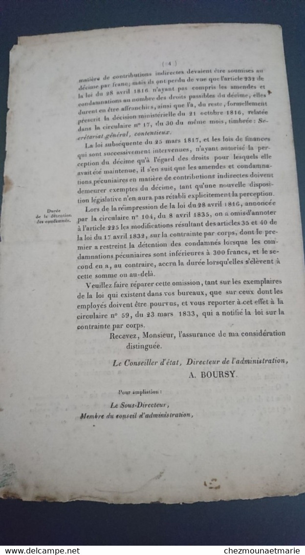 1837 PARIS - CIRCULAIRE ADMINISTRATION CONTRIBUTIONS INDIRECTES PAR A. BOURSY - Historische Dokumente