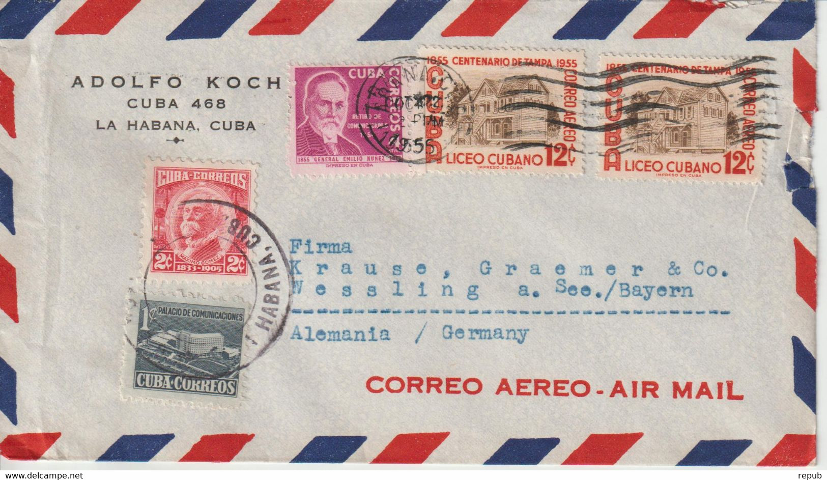Cuba 1956 Lettre Par Avion Pour L'Allemagne - Storia Postale