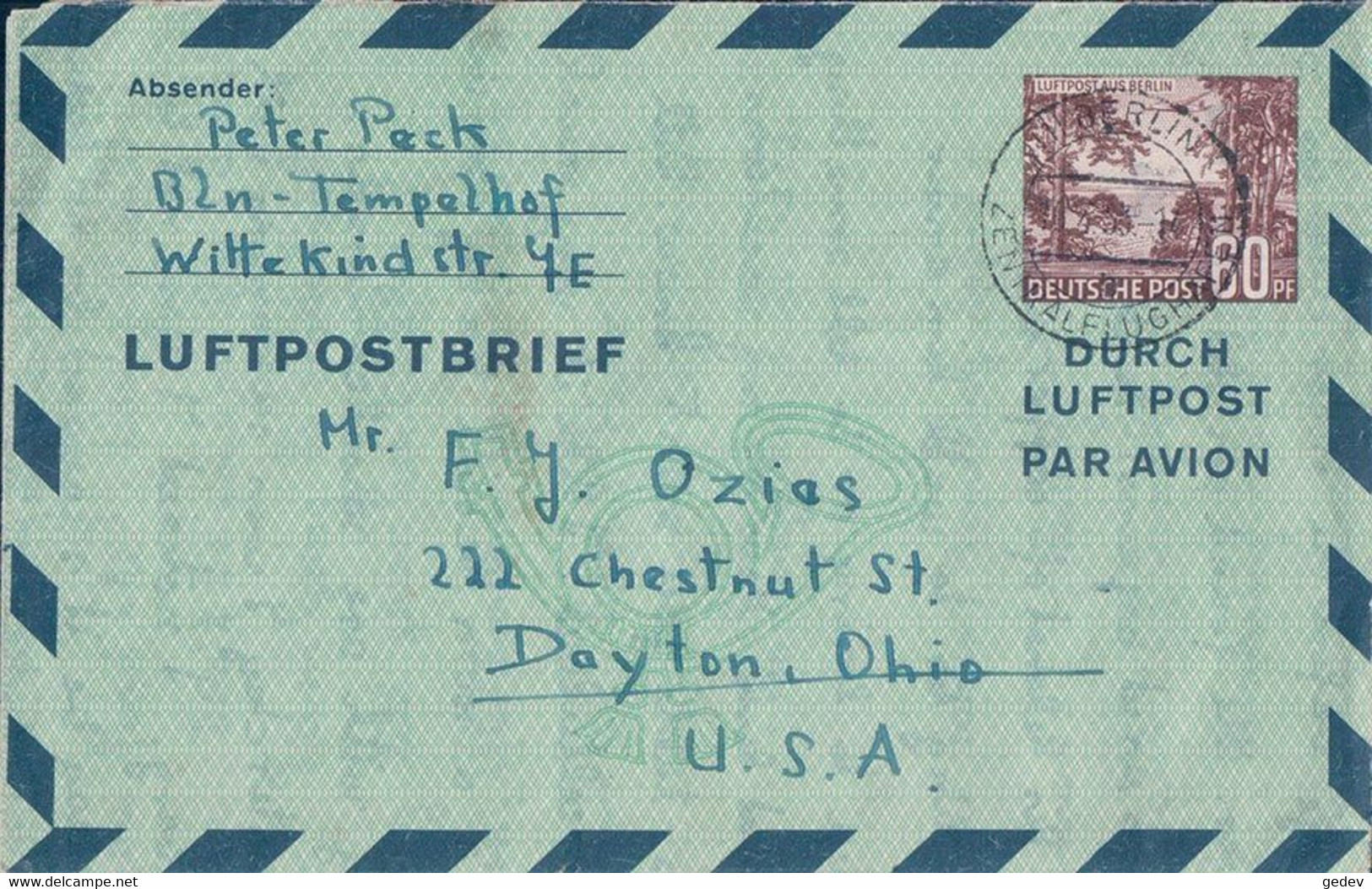 Deutsche Post, Entier Postal, Luftpostbrief, Luftpost Aus Berlin 60 Ct, Berlin - Dayton USA (10.4.1953) - Private Covers - Used