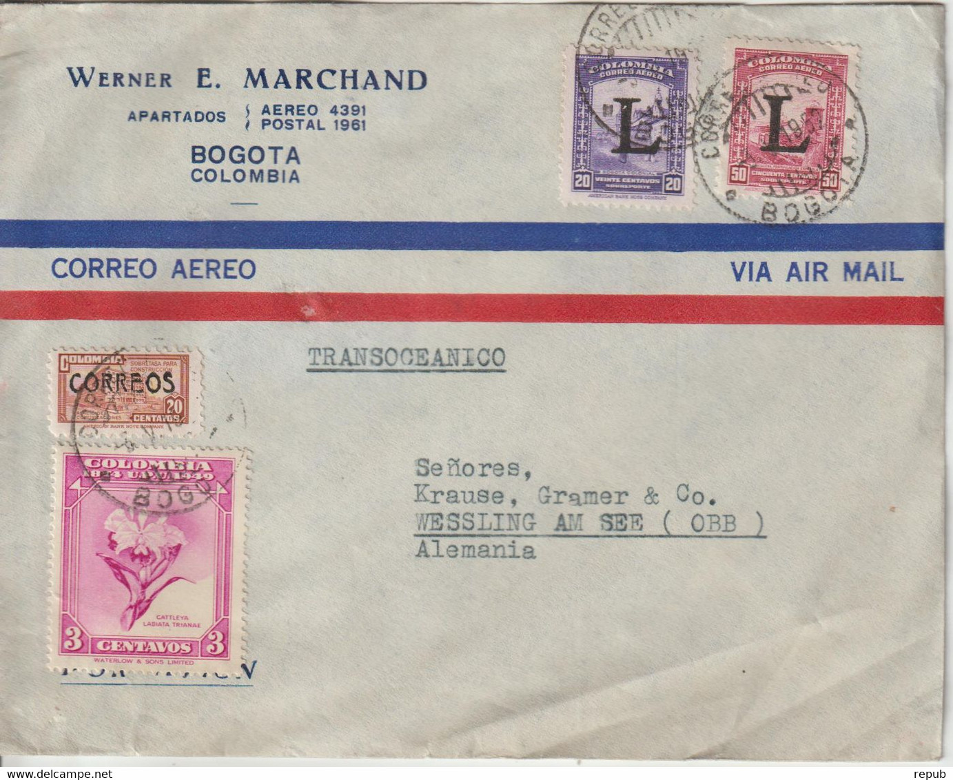 Colombie 1952 Lettre Par Avion Pour L'Allemagne - Colombie