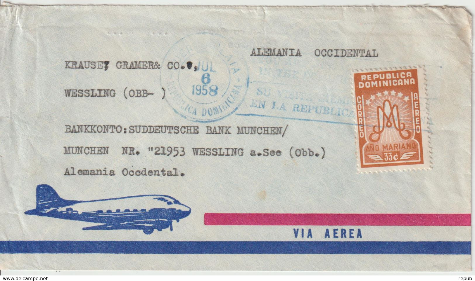 République Dominicaine 1958 Lettre Par Avion Pour L'Allemagne - Dominicaine (République)