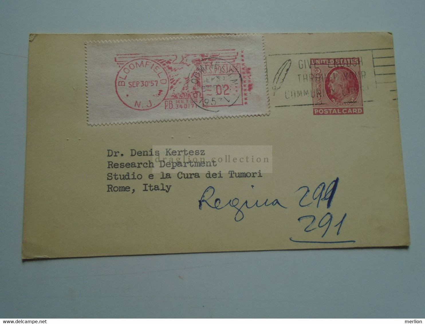 D179169 USA Stationery Uprated With Meter  1957 -Bloomfield N.J.  Schering Corporation  To Dr. Denis Kertesz -Rome - 1941-60