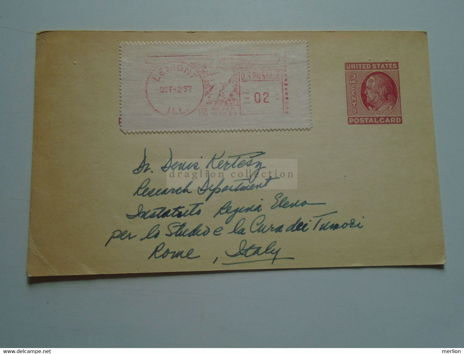 D179170 USA Stationery Uprated With Meter  1957 - LEMONT- Argonne N.L. -Walter C. Quevedo  To Dr. Denis Kertesz -Rome - 1941-60