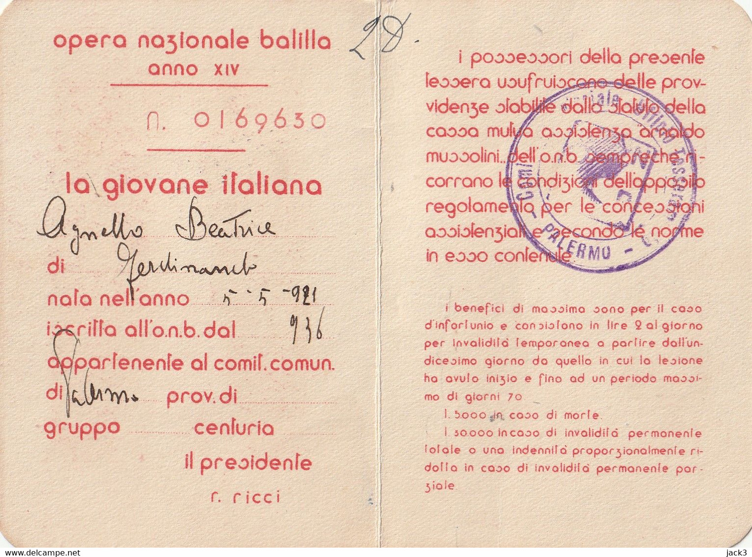 Tessera - Op.Balilla Anno XIV - Membership Cards