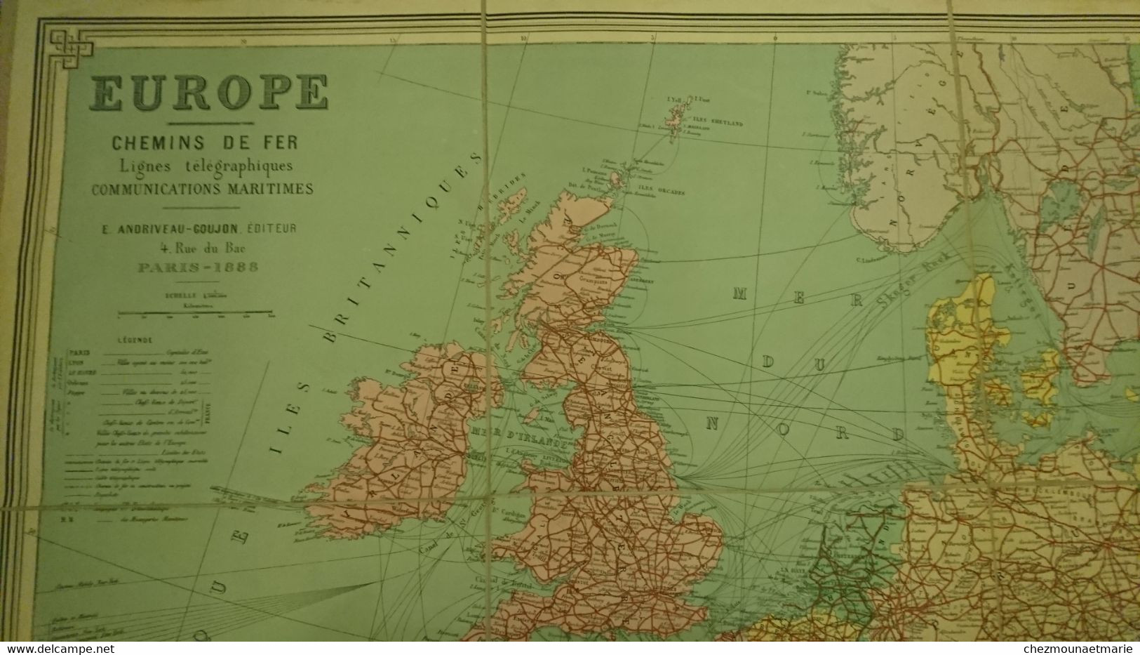 1888 CARTE CHEMINS DE FER EUROPE PAR ANDRIVEAU LIGNES TÉLÉGRAPHIQUES ET MARITIMES