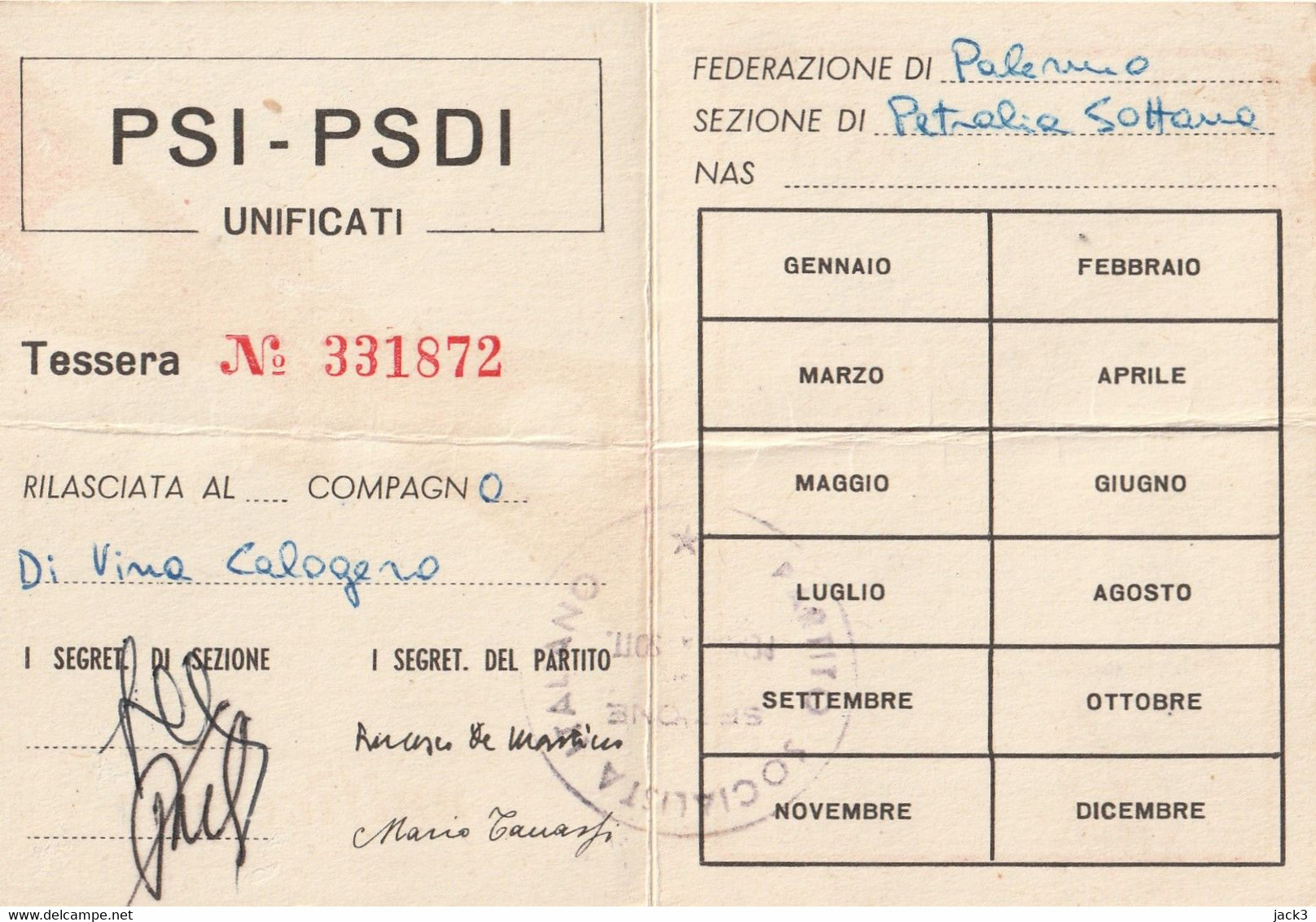 Tessera - PSI PSDI Unificati  1967 - Lidmaatschapskaarten