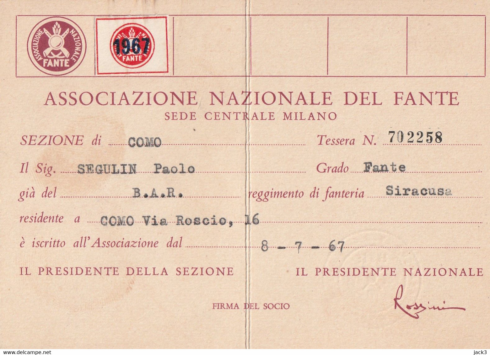 Tessera - Associazione Nazionale Del Fante - Mitgliedskarten