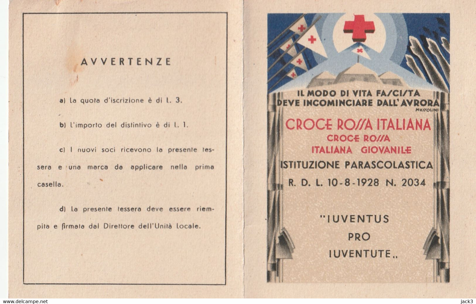 Tessera - Croce Rossa Italiana  1928 - Tessere Associative