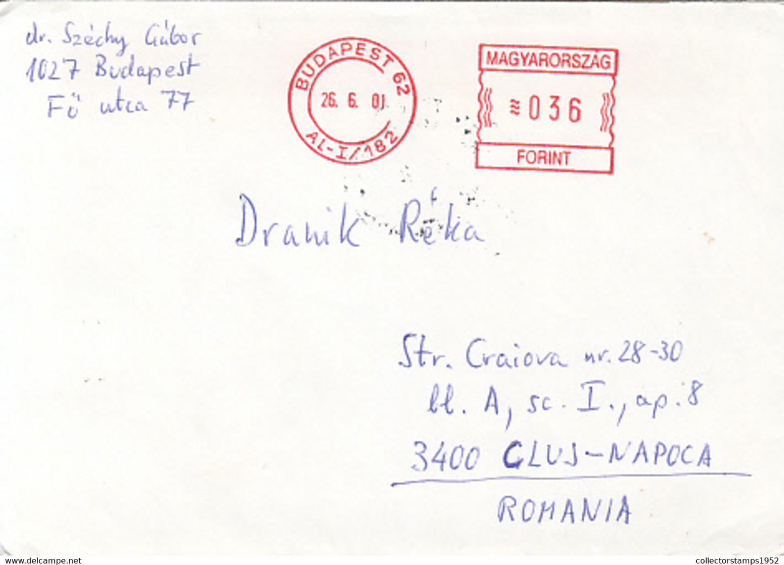 95736- BUDAPEST, AMOUNT 32 RED MACHINE STAMP ON COVER, 2001, HUNGARY - Storia Postale