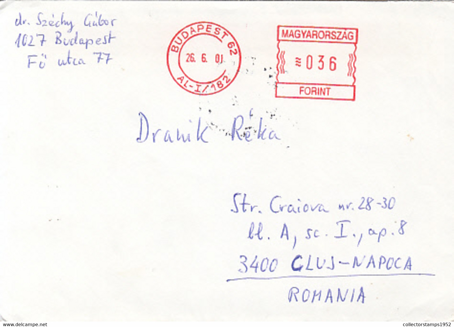 95736- BUDAPEST, AMOUNT 32 RED MACHINE STAMP ON COVER, 2001, HUNGARY - Cartas & Documentos