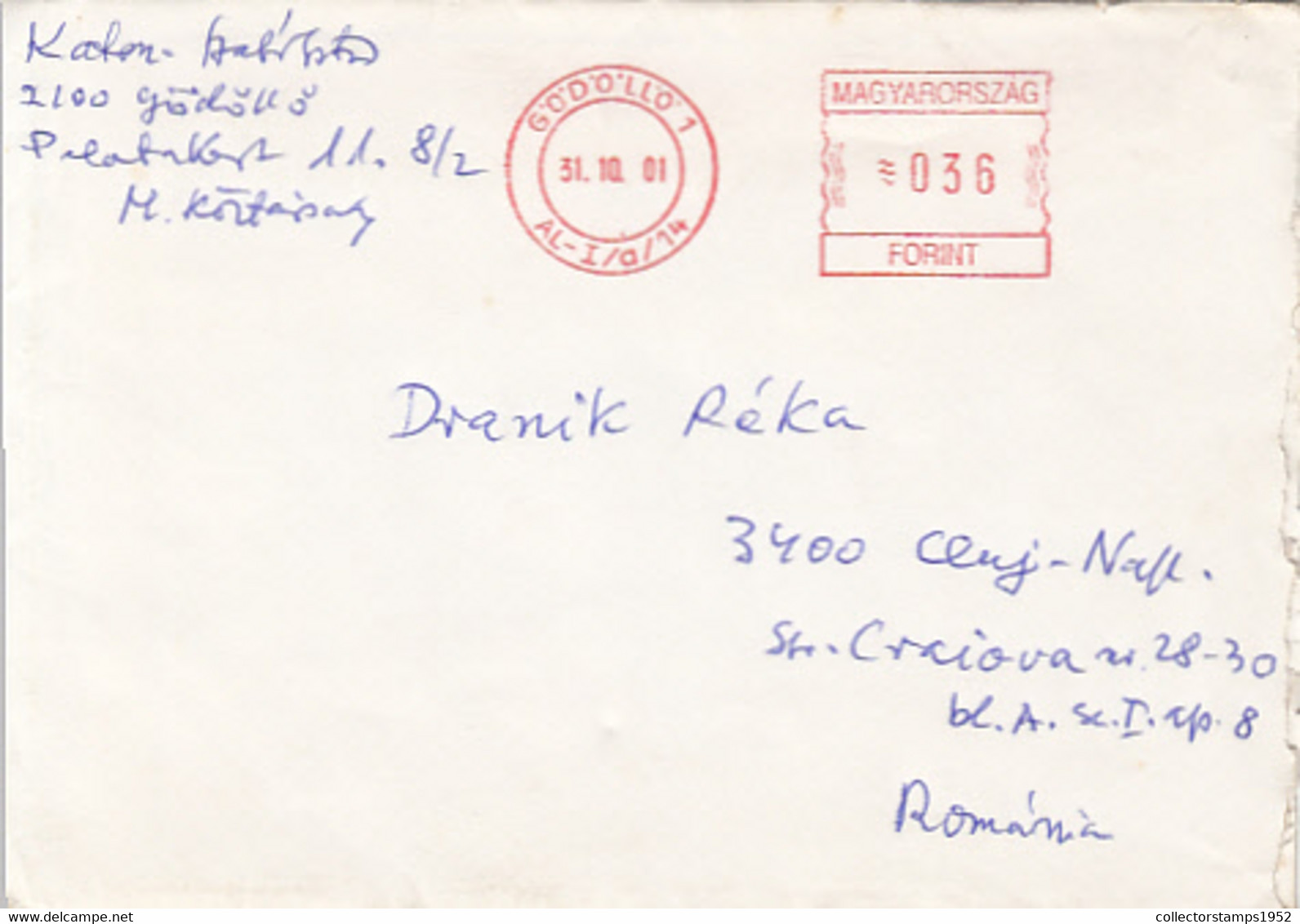 95737- GODOLLO, AMOUNT 36 RED MACHINE STAMP ON COVER, 2001, HUNGARY - Storia Postale