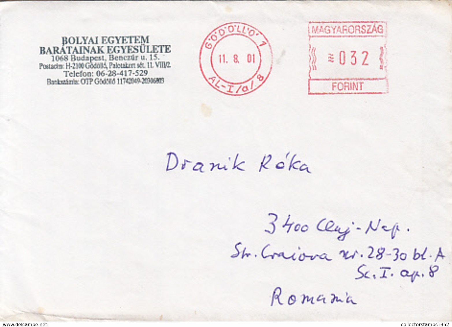 95738- GODOLLO, AMOUNT 32 RED MACHINE STAMP ON COVER, 2001, HUNGARY - Covers & Documents