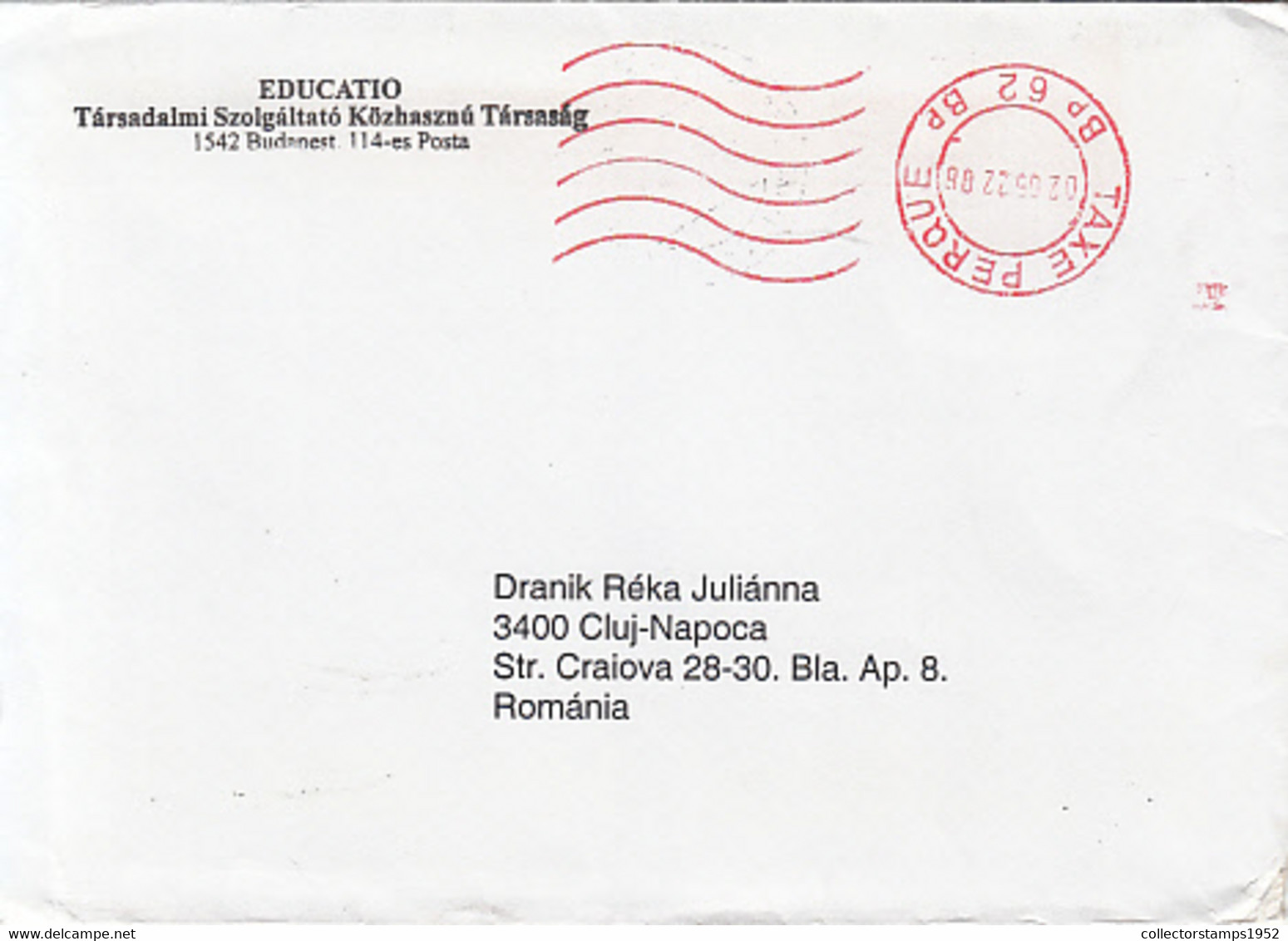 95740- BUDAPEST TAXE PERQUE RED MACHINE STAMP ON COVER, 2002, HUNGARY - Covers & Documents