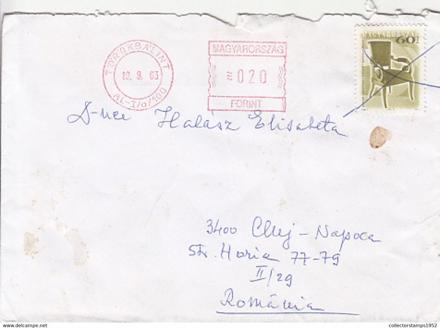 95741-TOROKBALINT, AMOUNT 20 RED MACHINE STAMP ON COVER, 2003, HUNGARY - Briefe U. Dokumente