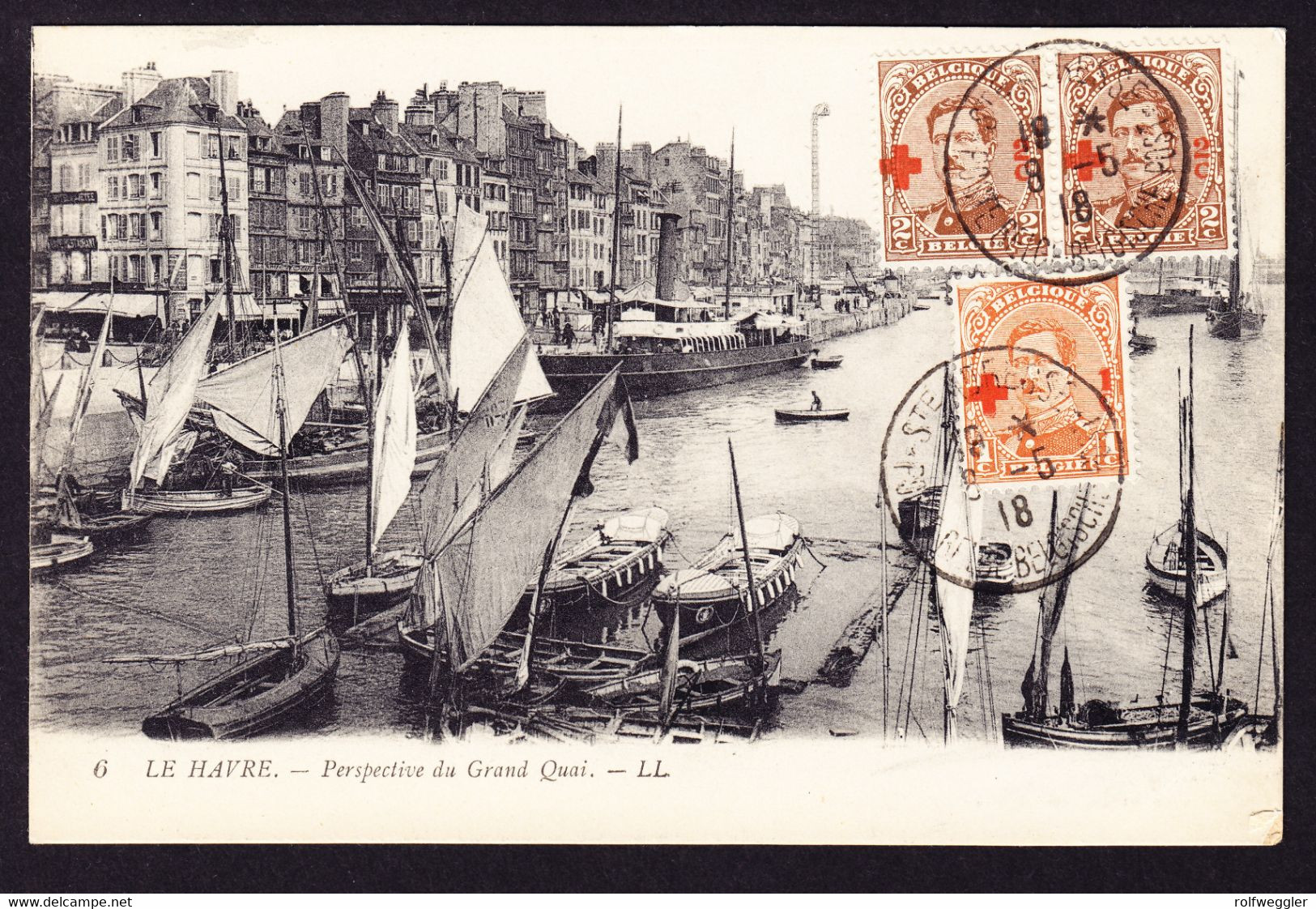 1918  3 Werte Gestempelt Auf Ungelaufener AK, Grand  Quai, Le Havre. - 1918 Croix-Rouge