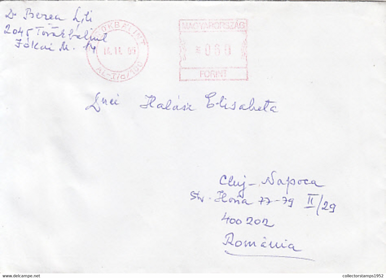 95744- TOROKBALINT, AMOUNT 60 RED MACHINE STAMP ON COVER, 2005, HUNGARY - Covers & Documents