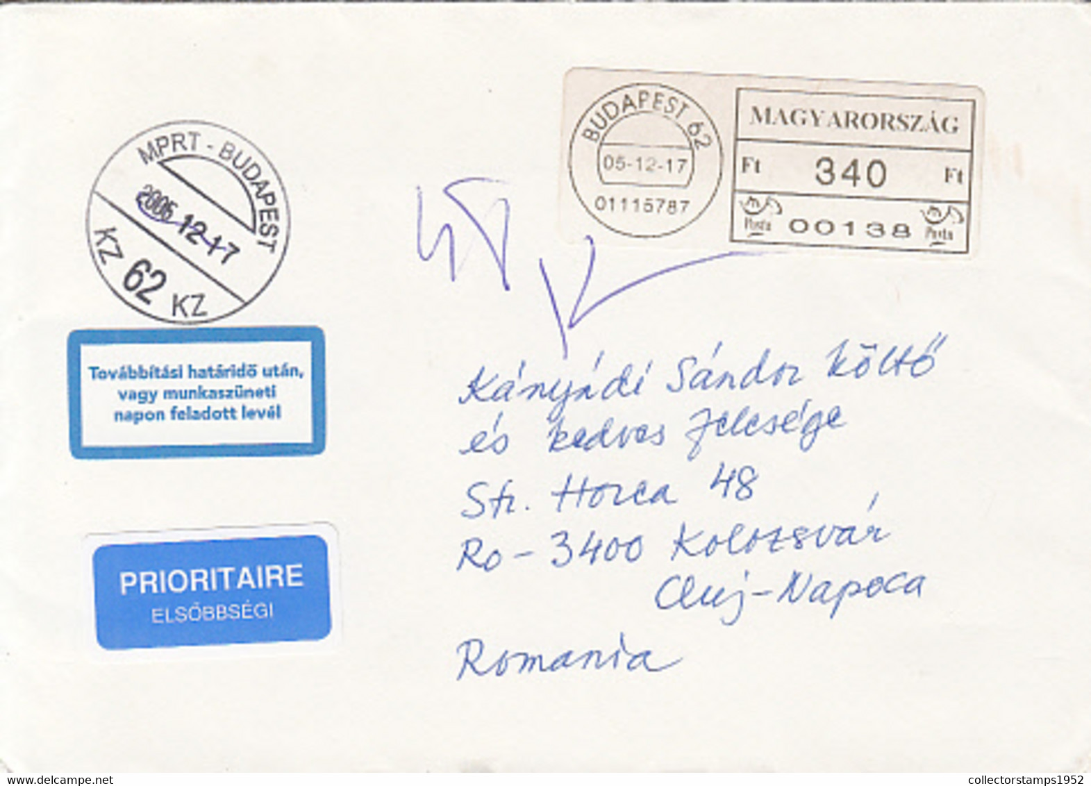 95749- BUDAPEST, AMOUNT 340 MACHINE PRINTED STICKER STAMP ON COVER, 2005, HUNGARY - Briefe U. Dokumente