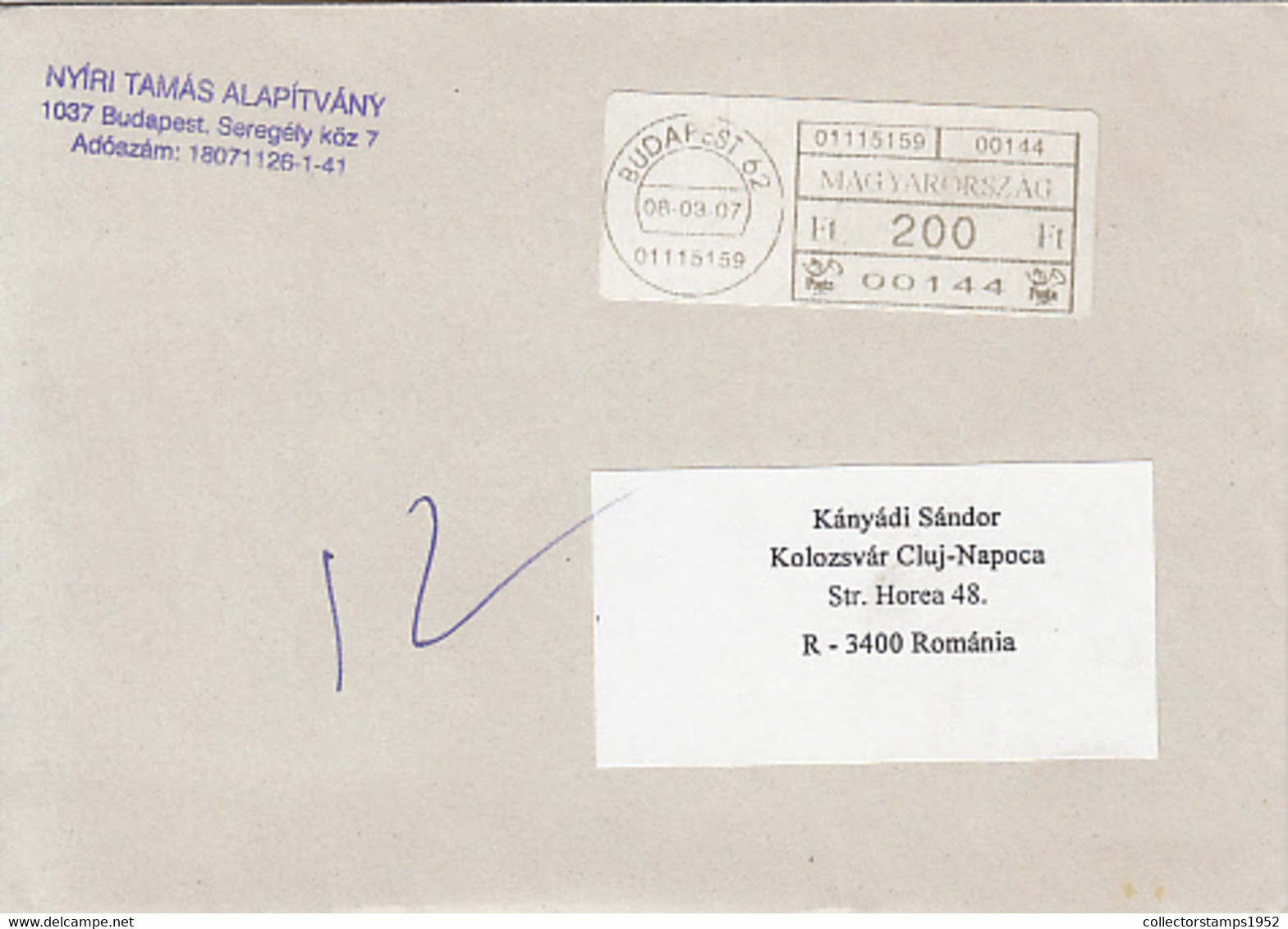 95751- BUDAPEST, AMOUNT 200 MACHINE PRINTED STICKER STAMP ON COVER, 2008, HUNGARY - Covers & Documents