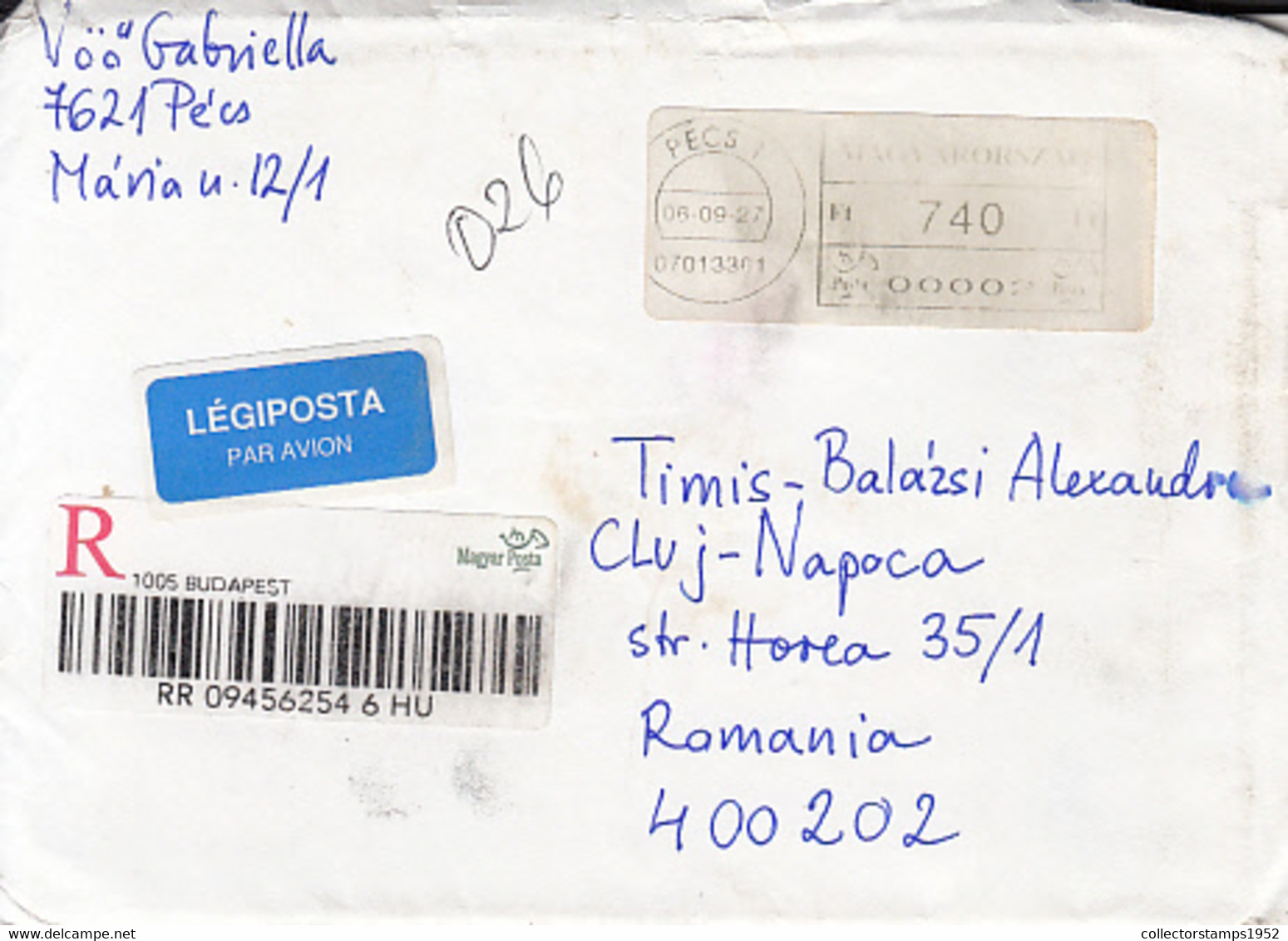 95752- PECS, AMOUNT 740 MACHINE PRINTED STICKER STAMP ON REGISTERED COVER, 2006, HUNGARY - Storia Postale