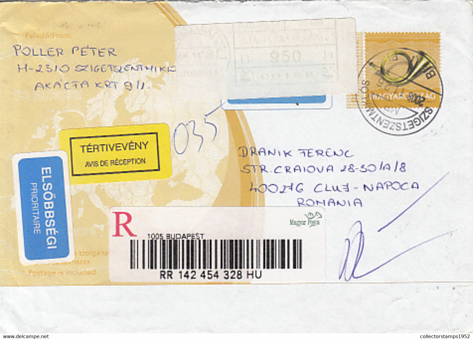 95753- SZIGETSZENTMIKLOS, AMOUNT 950 MACHINE PRINTED STICKER STAMP ON REGISTERED COVER STATIONERY, 2008, HUNGARY - Lettres & Documents