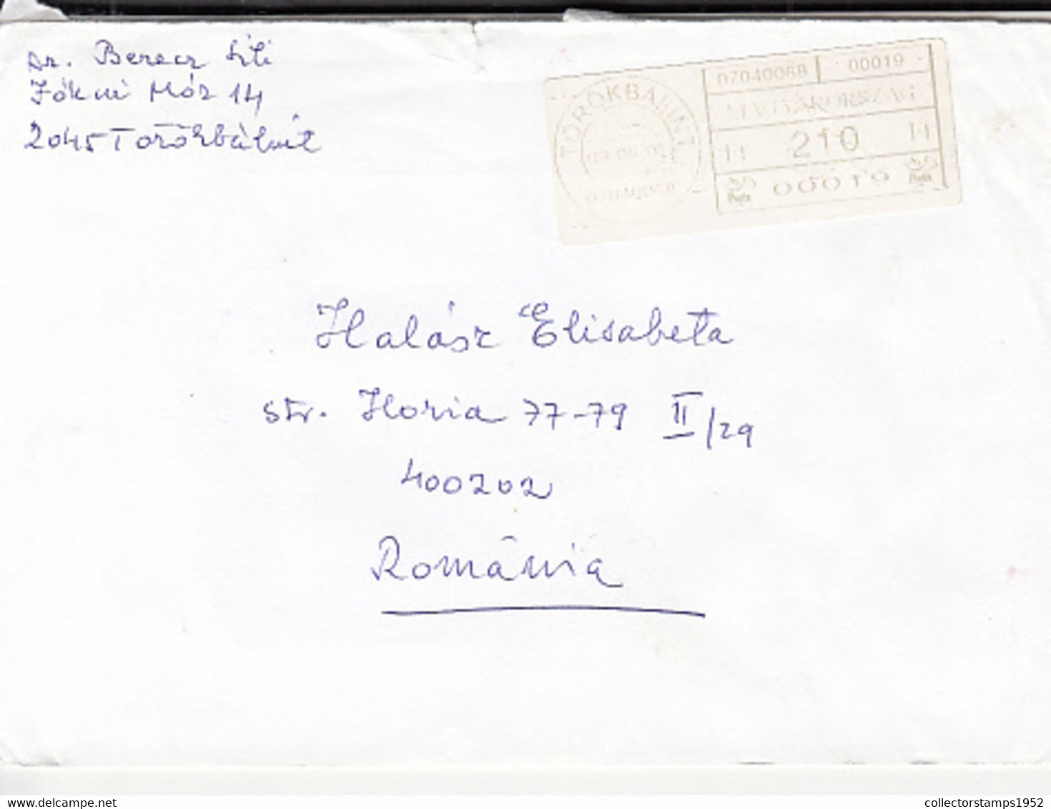 95755- TOROKBALINT, AMOUNT 210 MACHINE PRINTED STICKER STAMP ON COVER, 2009, HUNGARY - Lettres & Documents