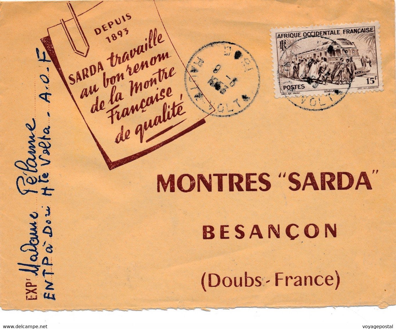 LETTRE DORI HAUTE VOLTA 15F BESANÇON MONTRES SARDA - Cartas & Documentos