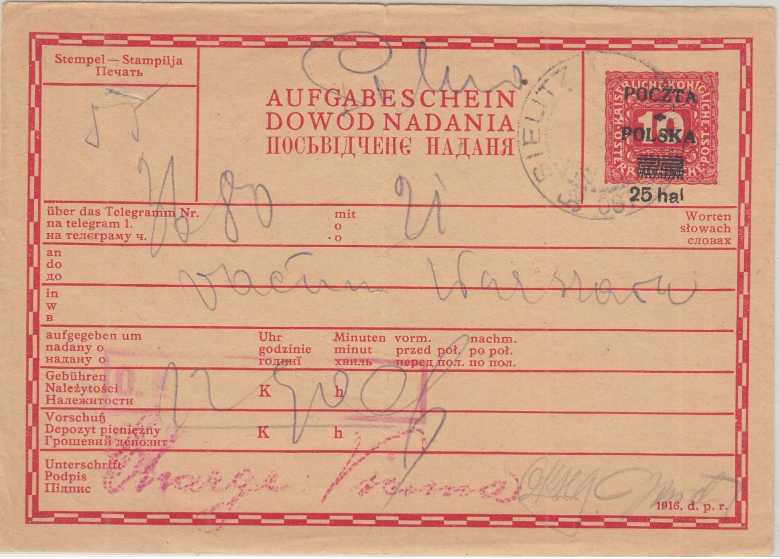 Polen - 25 H./10 H. Ganzsache Telegramm-Aufgabeschein Bielitz 1919 - Stamped Stationery