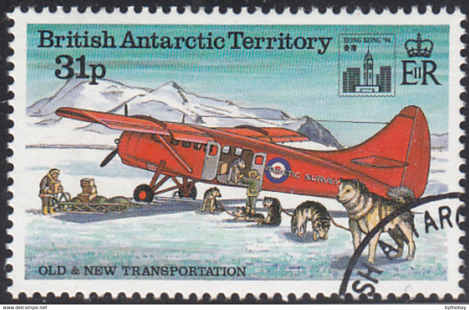 British Antarctic Territory 1994 Used Sc #226 31p Dogs, Plane Hong Kong 94 Emblem - Used Stamps