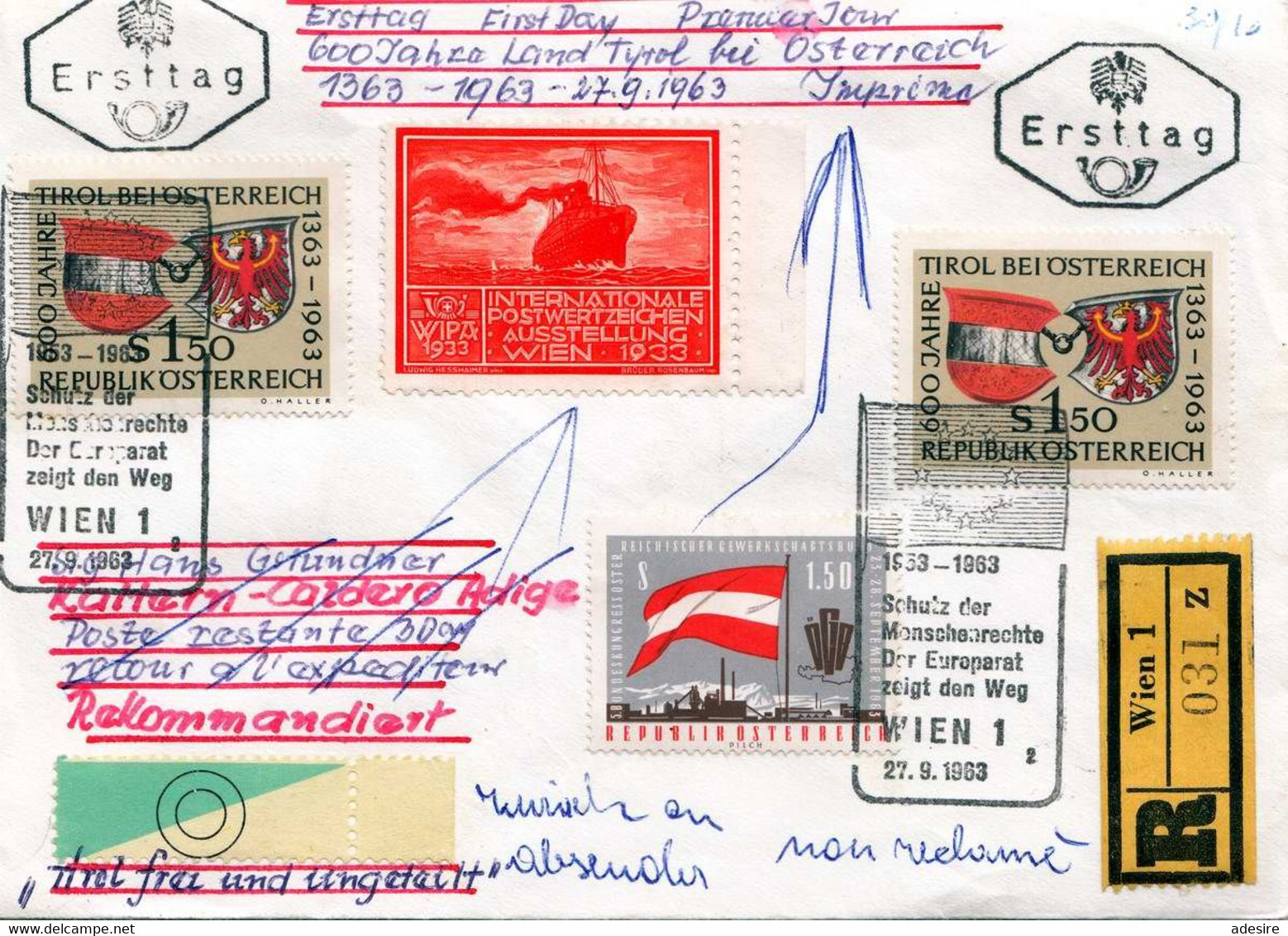 Österreich 1963 - Erstag 600 Jahre Tirol, 5 Fach Frankiert Mit WIPA Marke 1933 Auf R-Brief Sonderstempel - Abarten & Kuriositäten