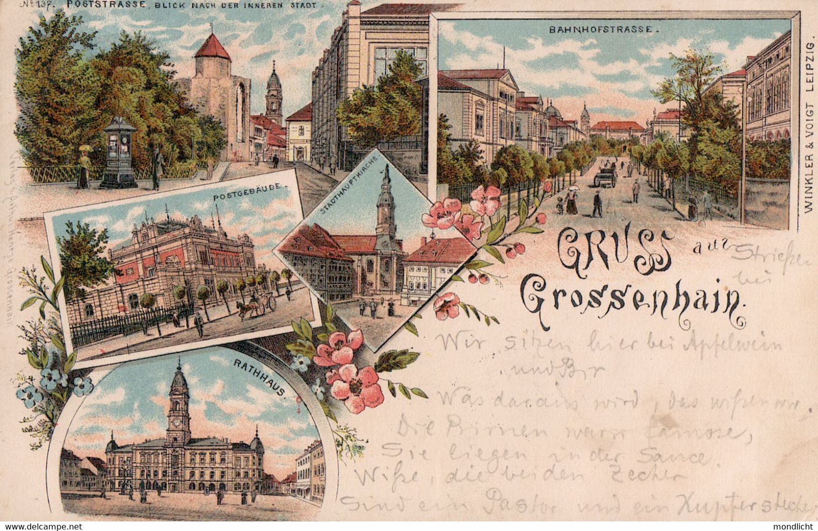 Gruss Aus Grossenhain. Rathhaus, Bahnhofstrasse, Postgebäude, Stadthauptkirche, Poststrasse, 1897. - Grossenhain